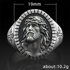 Men's Jesus oxidized ring with religious motif in white gold tone