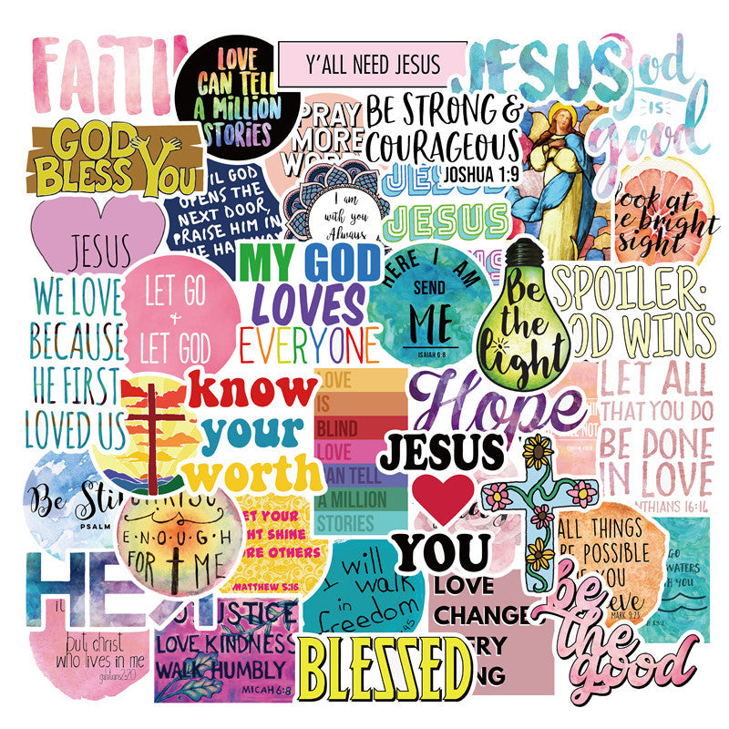 50 pack of inspirational Christian stickers featuring famous faith sayings Main image