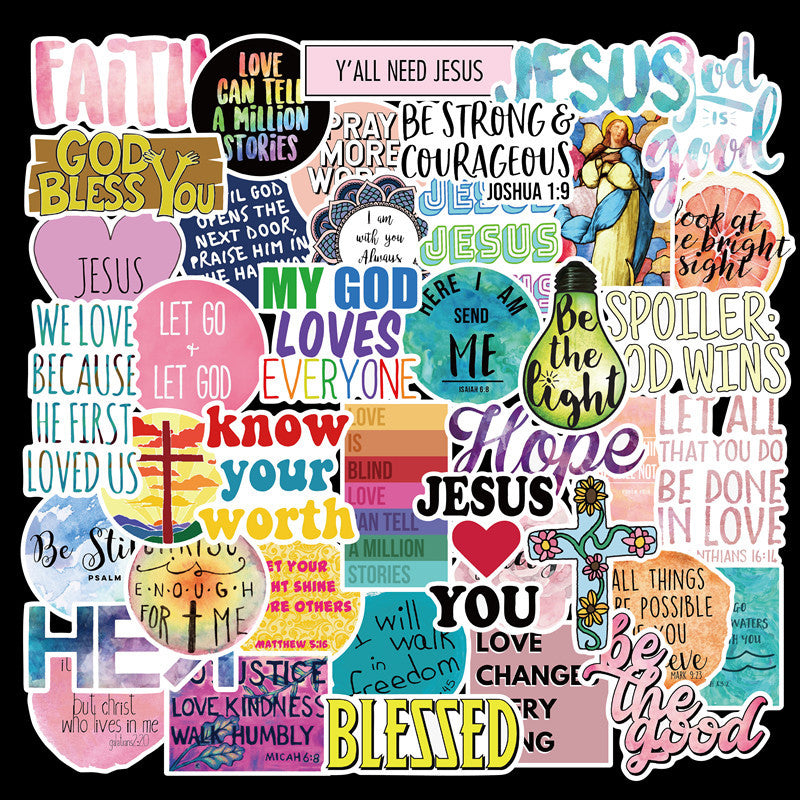 Christian faith stickers laid out showing variety of designs