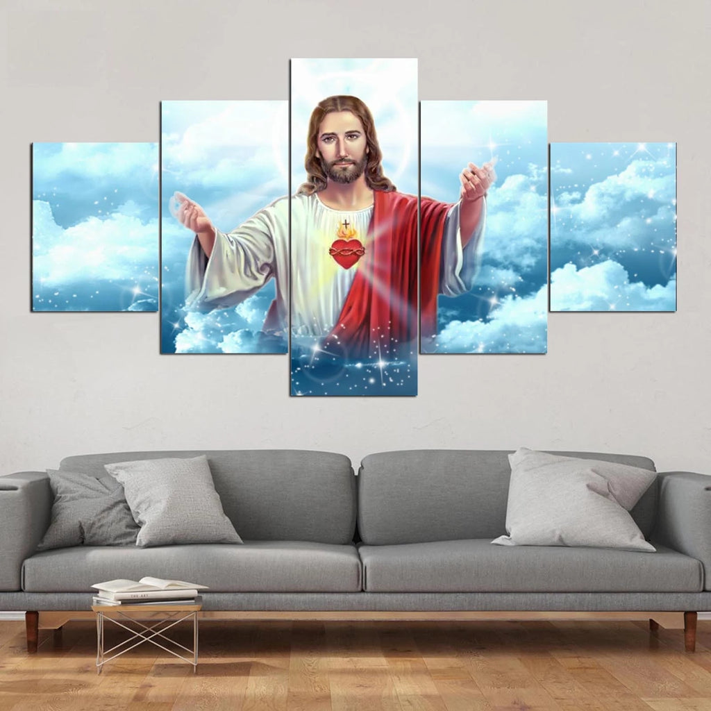 5-piece religious Jesus canvas wall art display on living room wall - Christian home decor