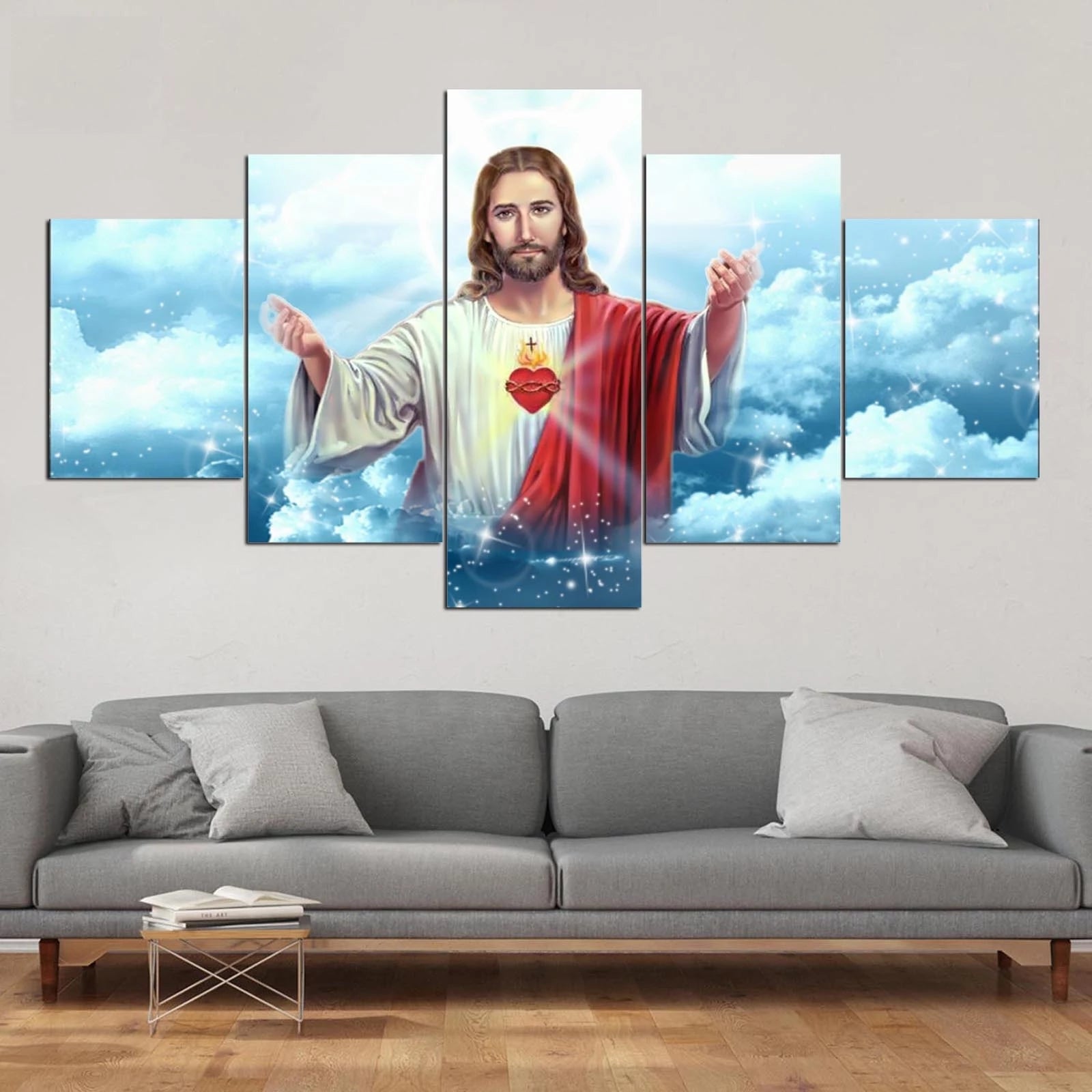 5-piece religious Jesus canvas wall art display on living room wall - Christian home decor