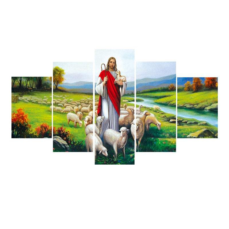 Multi-panel view of unframed five-piece canvas wall art showing Jesus and sheep, diamond painting style