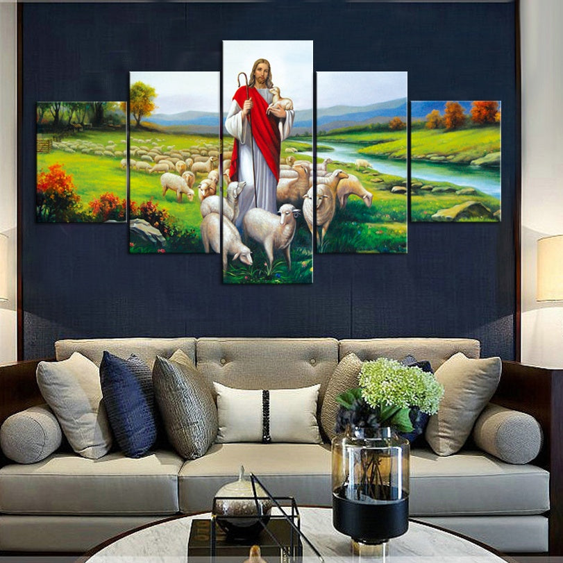 Unframed five-panel canvas showing Jesus with sheep in diamond painting style for wall display