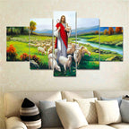 Jesus and sheep diamond painting on canvas wall art, five-piece unframed set for home decor