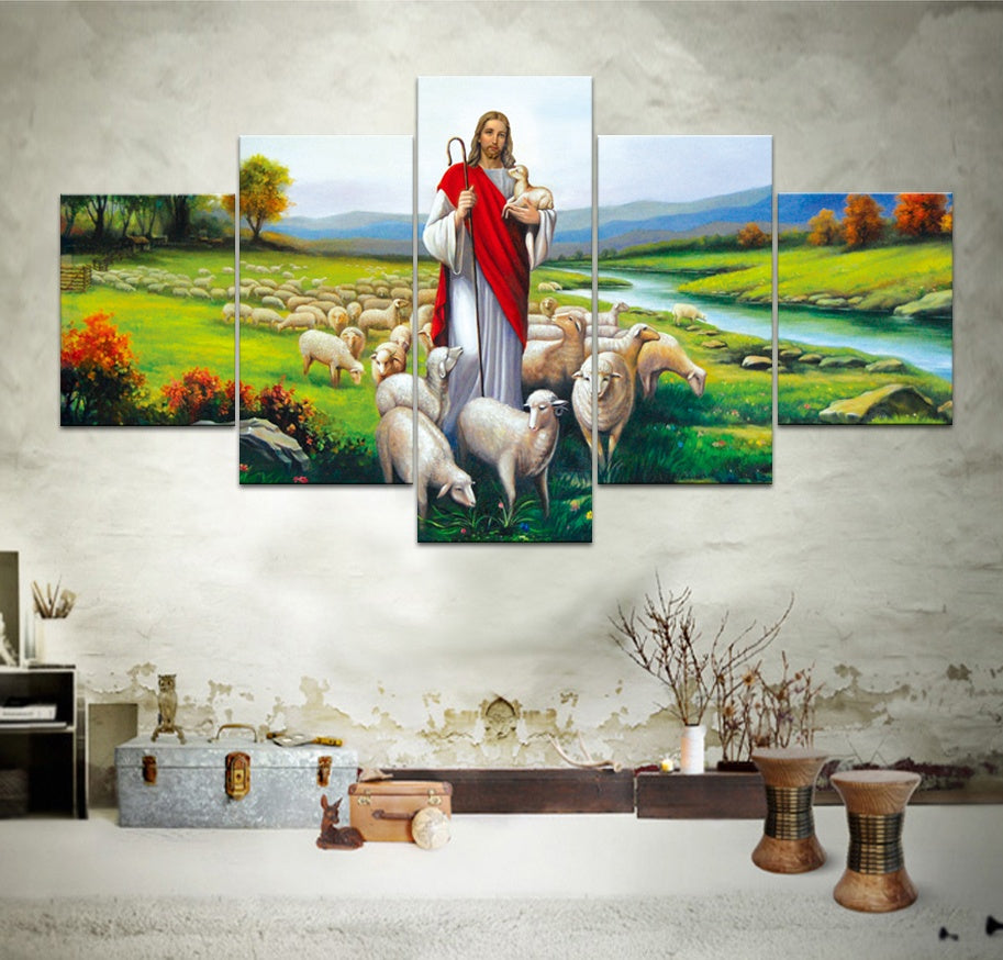 Jesus and Sheep 5-Piece Canvas Wall Art Set - Christian Home Decor