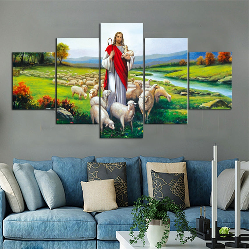 Jesus and Sheep 5-Piece Canvas Wall Art Set - Christian Home Decor
