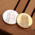 Close-up of Jesus commemorative medal surface detail