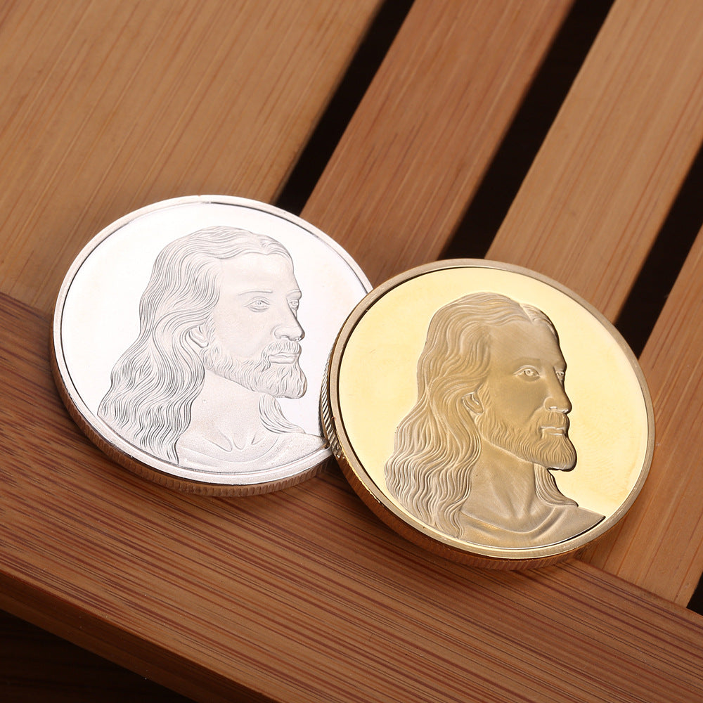 Close-up of Jesus commemorative medal surface detail