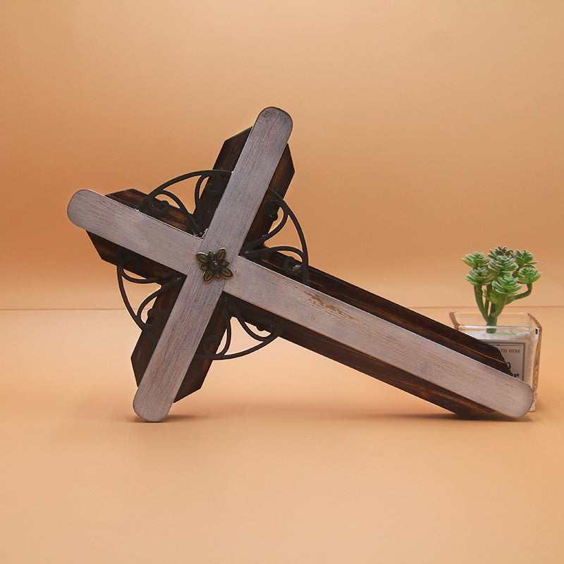 Set of six images displaying the pine wood cross pendant from multiple angles