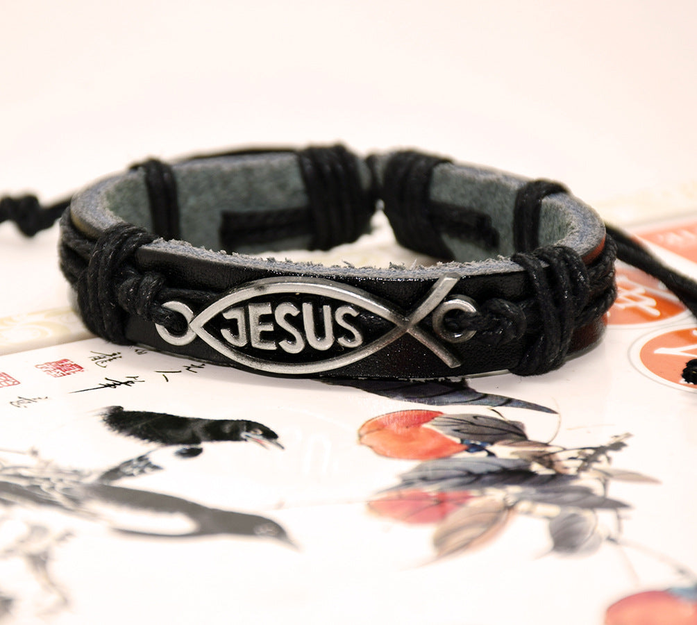 Jesus Fish Leather Twine Bracelet - A meaningful Christian bracelet featuring the ichthys fish symbol