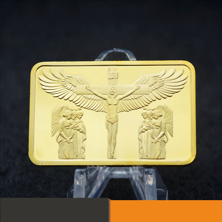 Jesus Wings Cross commemorative coin with gold-plated finish in acrylic case