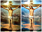 Completed Christian diamond art showing luminous cross imagery