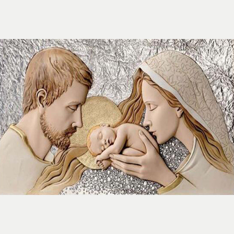 Finished sparkling diamond art featuring Holy Family motif