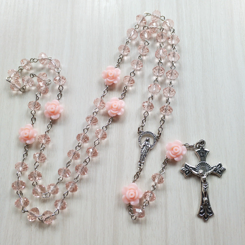 Christ Jesus Cross Pendant Necklace in pink with geometric cross design