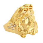 Crystal cross ring with sparkling artificial gems detail shot