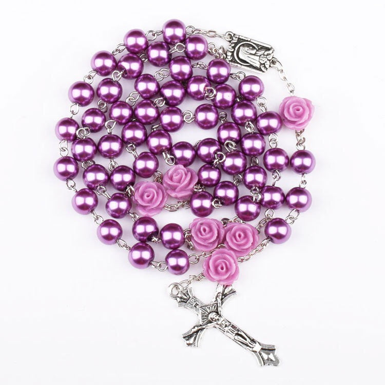 Long bead necklace with cross pendant for women