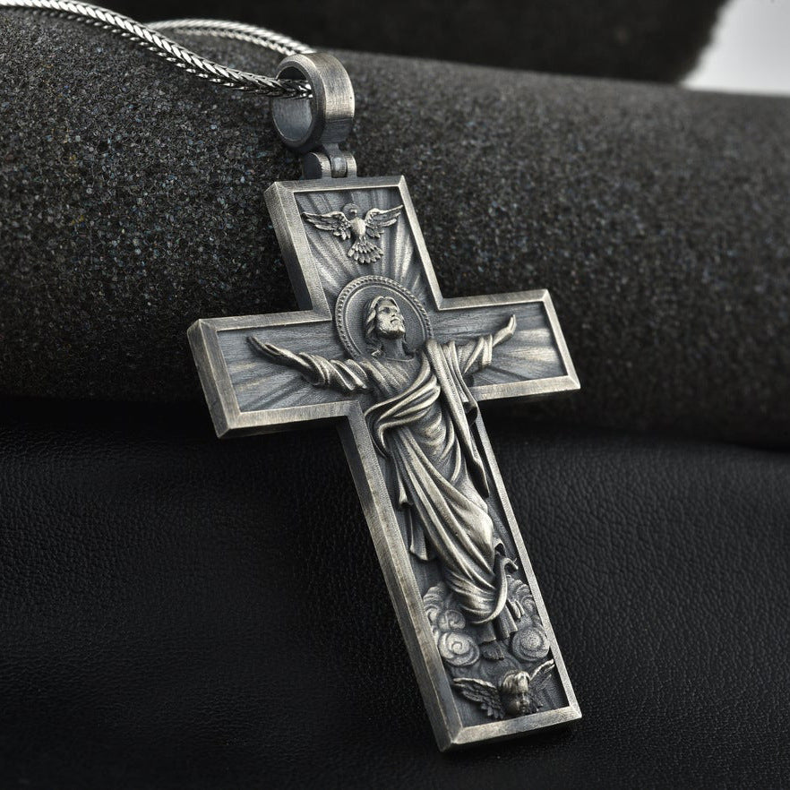 Silver pendant necklace with Jesus cross and mixed gems