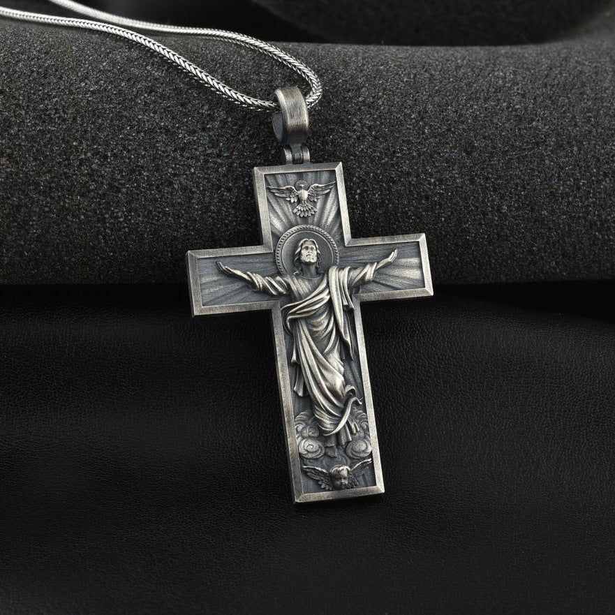 Jesus cross necklace laid flat showing horsewhip chain style