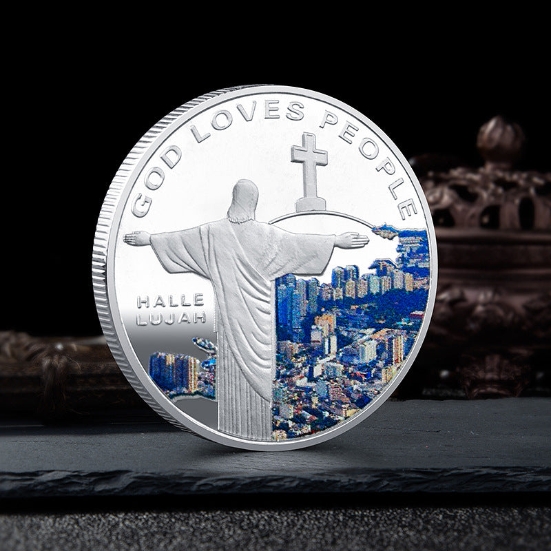 Stamped iron commemorative medal displayed as faith gift with packaging