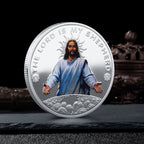 Close-up of embossed detailing on iron Christian commemorative coin
