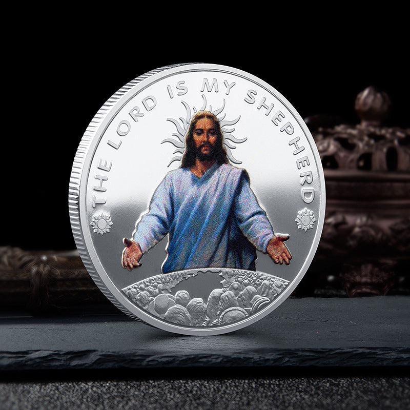 Close-up of embossed detailing on iron Christian commemorative coin