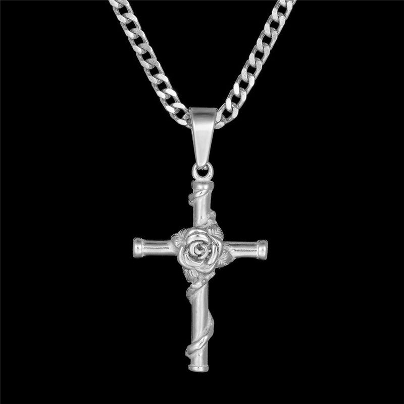Stainless steel clavicle chain necklace displaying elegant cross pendant styling