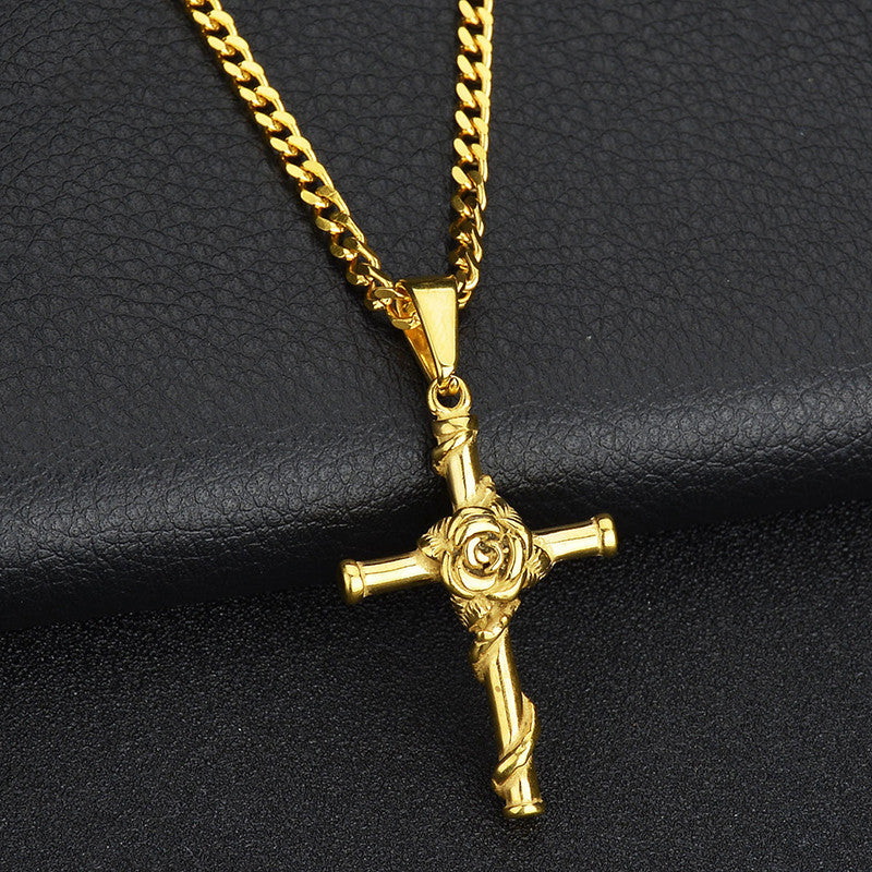 Jesus Christ cross pendant necklace on stainless steel chain with electroplated finish