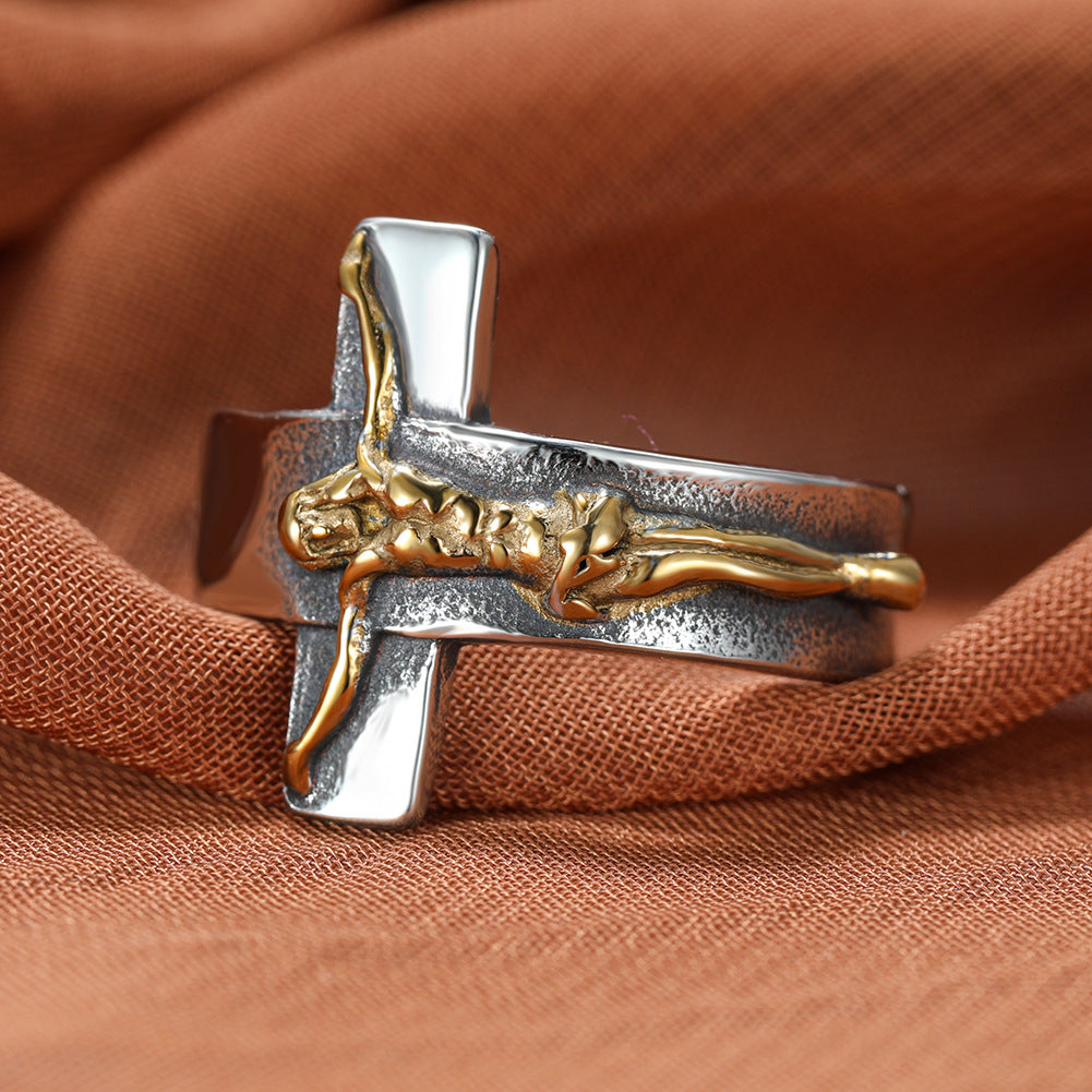 Men's faith ring showing cross pendant detail