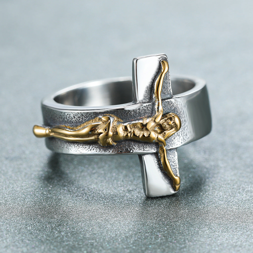 Close-up view of men's cross ring with Jesus symbol