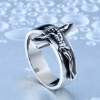 Men's Jesus cross ring in gold and silver finish on display