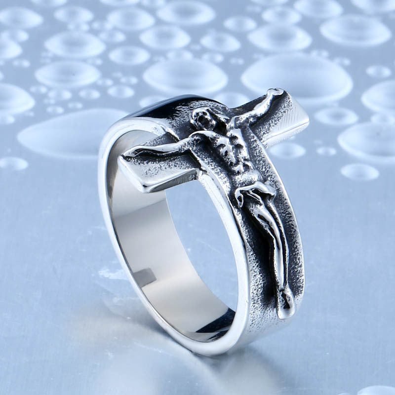 Men's Jesus cross ring in gold and silver finish on display
