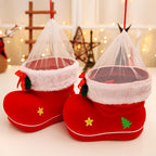Festive red candy boot ornament displayed on Christmas tree