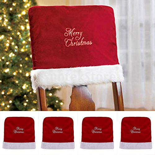 Red embroidered Christmas chair cover displayed on a dining chair with holiday decorations nearby Main image