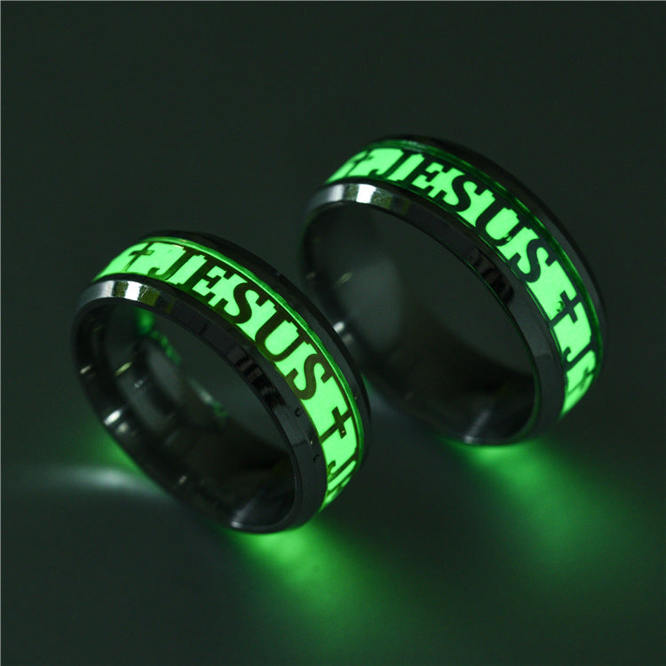 Classic steel brass ring with luminous Christian symbol for daily wear