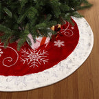 Close-up detail of red velvet tree skirt showing intricate snowflake embroidery and decorative lace trim
