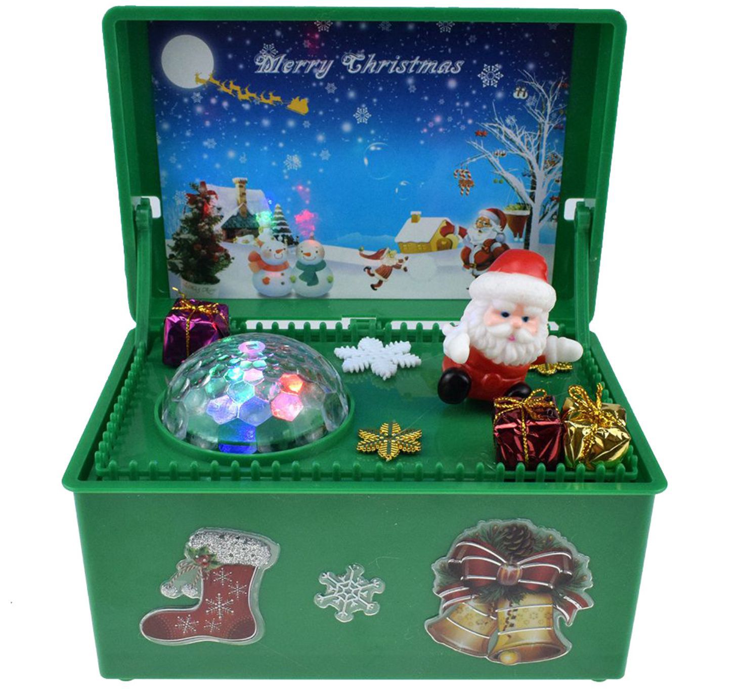 Close view of animated Christmas music box mechanism