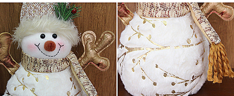 Christmas mantel adorned with velvet snowman and holiday accents