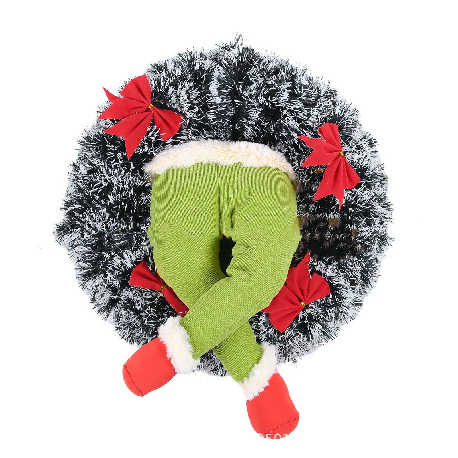 Green prosthetic leg ornament with red ribbon for hanging