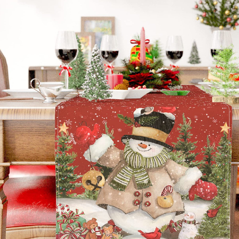 Christmas snowman table runner close-up of charming winter design
