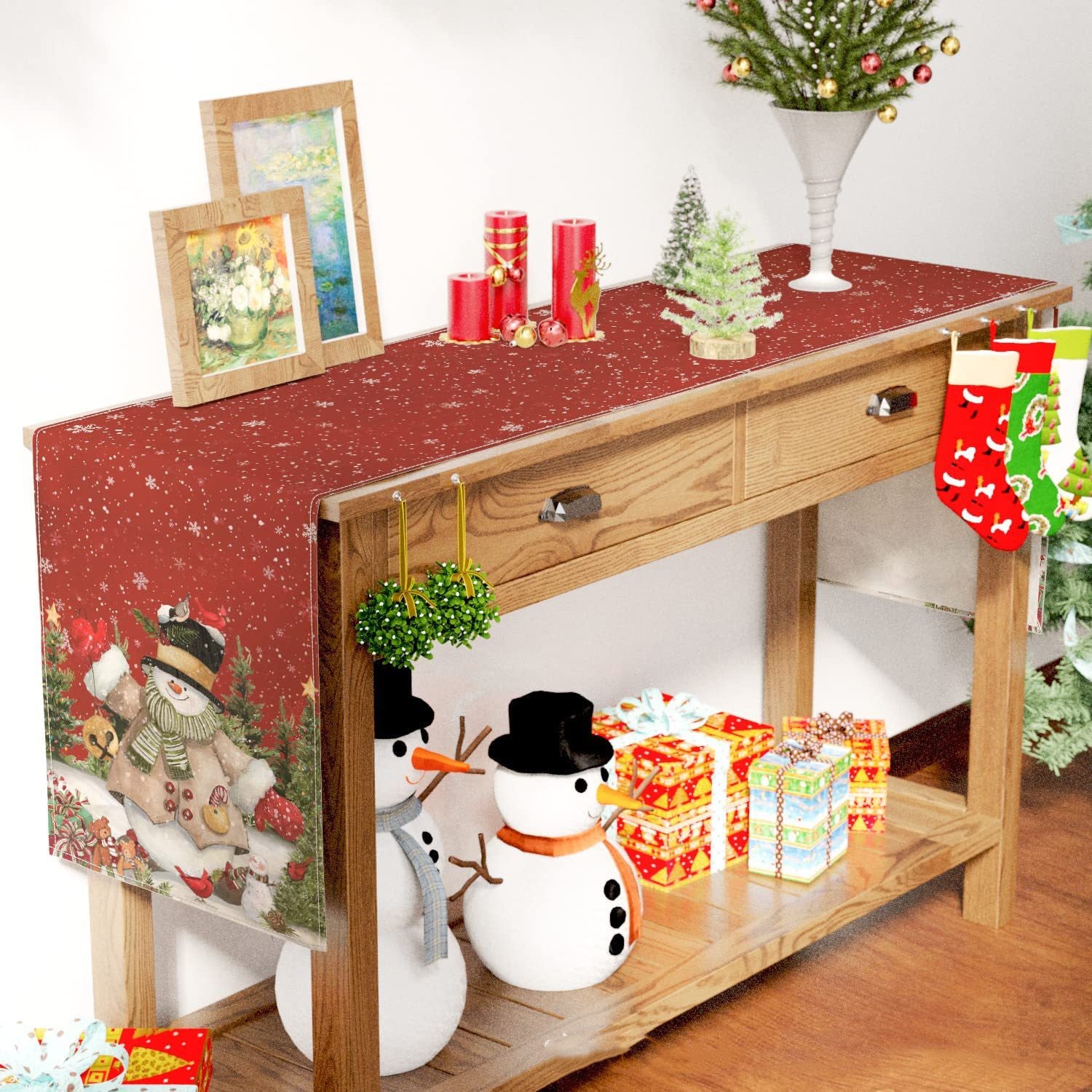 Snowman linen table runner with festive holiday design for Christmas celebrations Main image