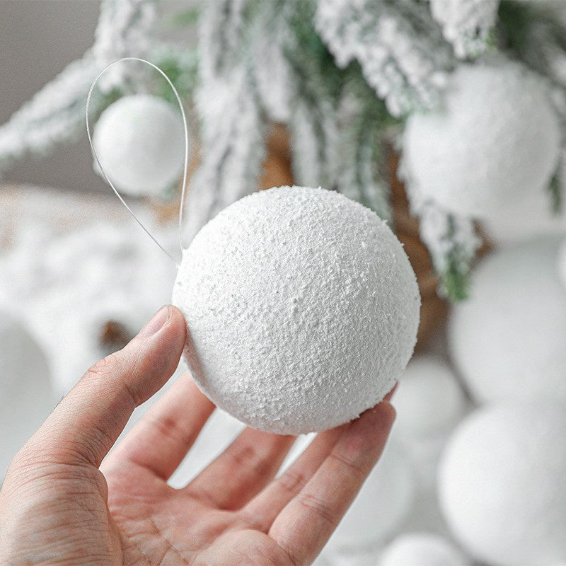 Set of six pure white foam snowball Christmas tree ornaments