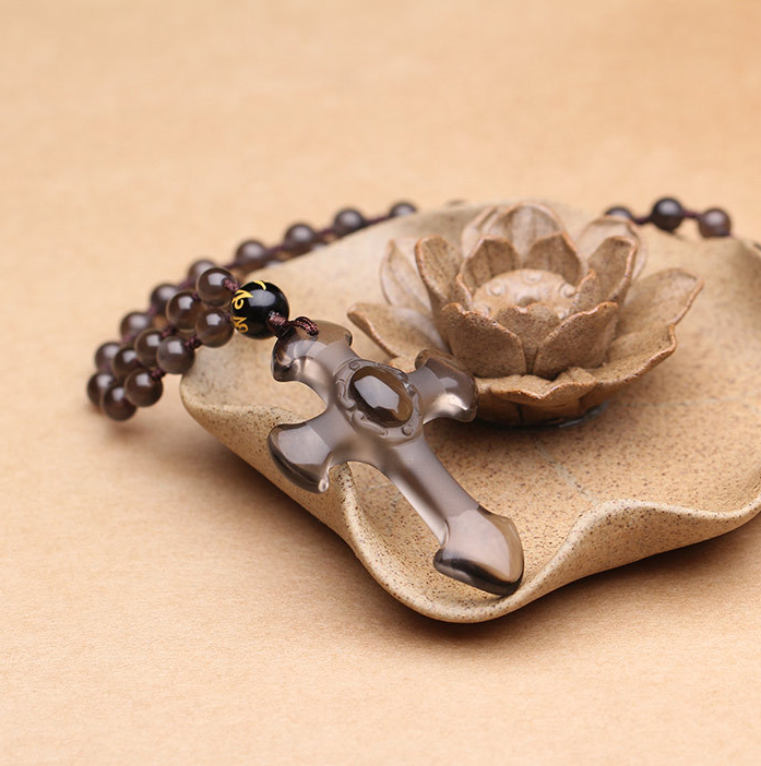 Ice obsidian cross pendant on natural bead chain - religious jewelry