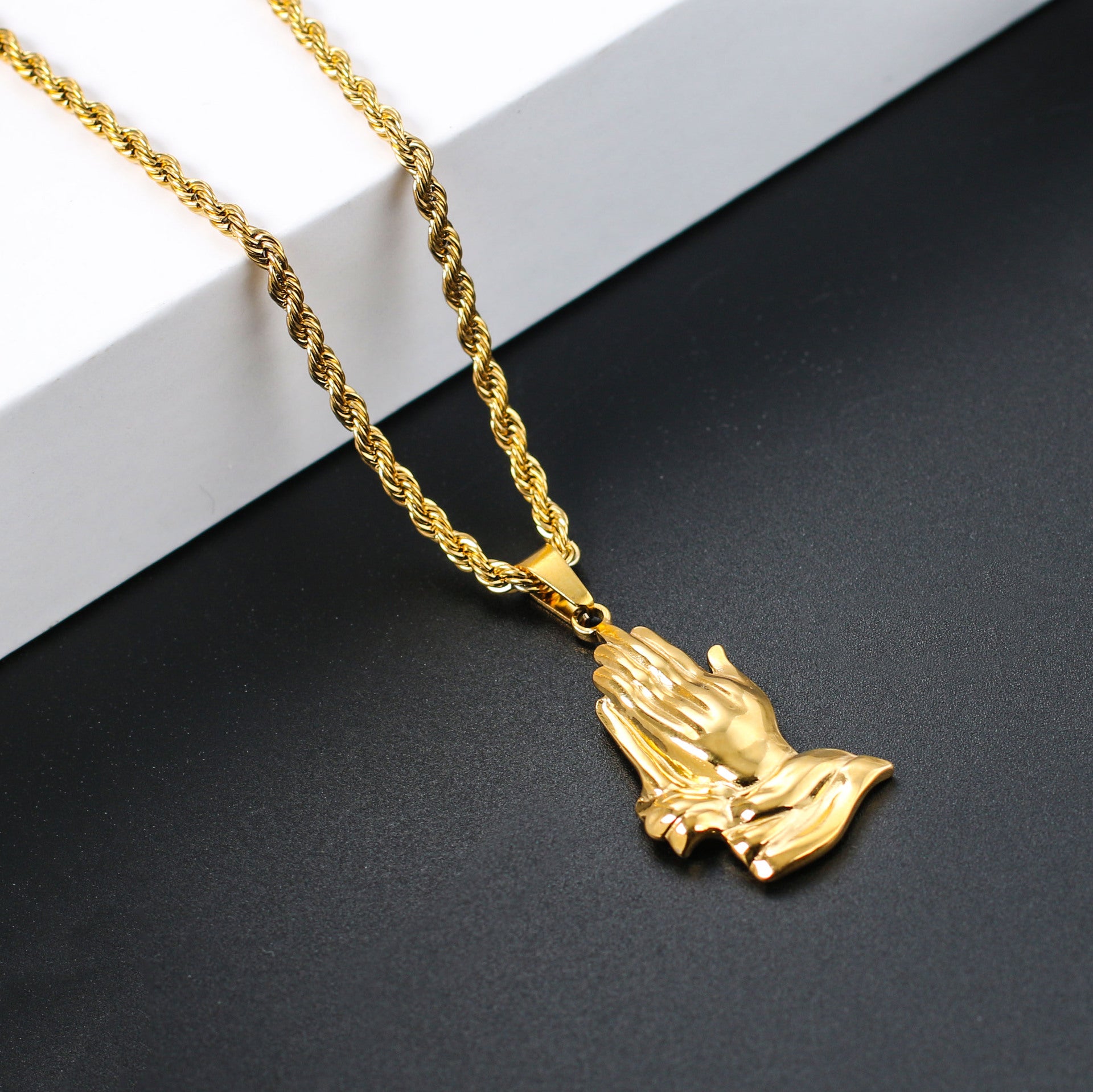 Gold praying hands pendant necklace for men