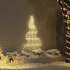 Warm white LED Christmas tree with metal frame standing in festive living room setting