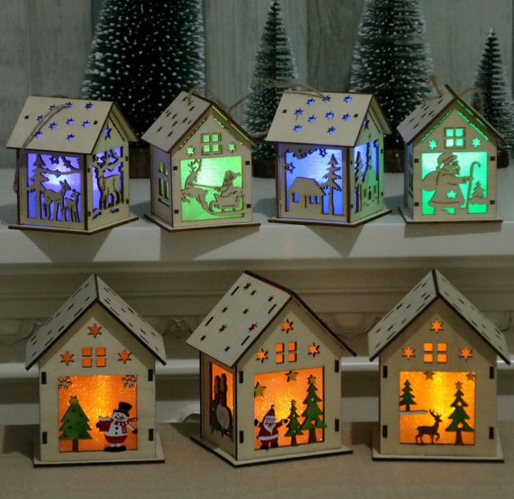 Wooden Christmas decoration with warm LED glow and lanyard for hanging on tree Main image