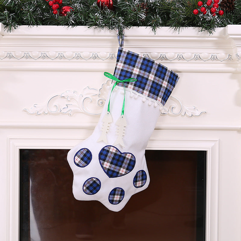 Colorful dog paw Christmas stocking collection display
