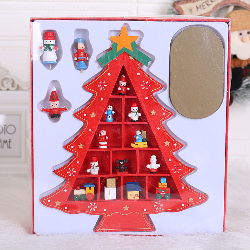 Wooden Christmas tree scene layout ornament displaying festive holiday design