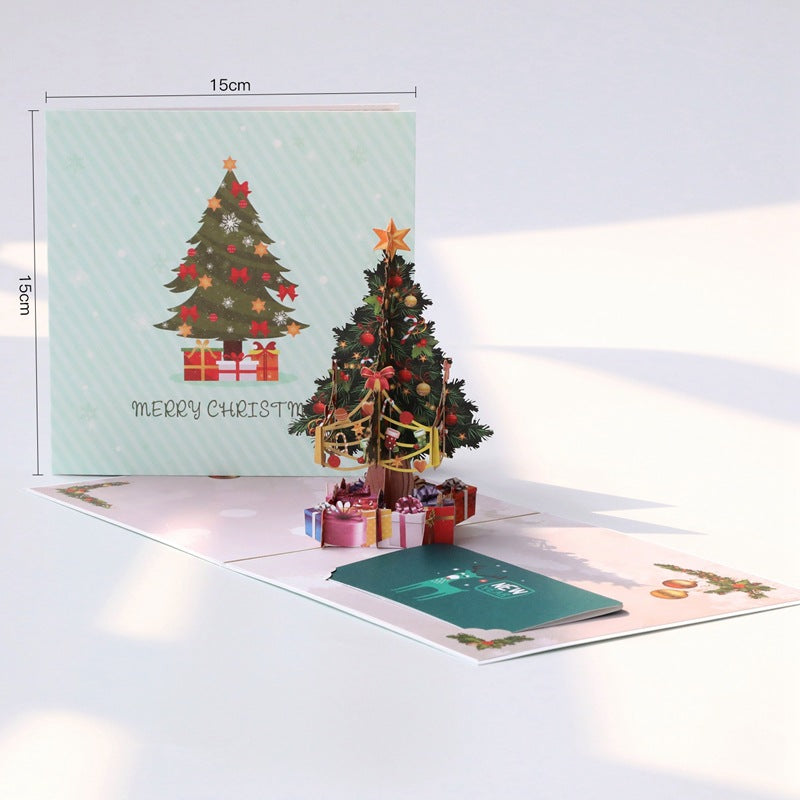 Holiday greeting card with dimensional tree motif on patterned background