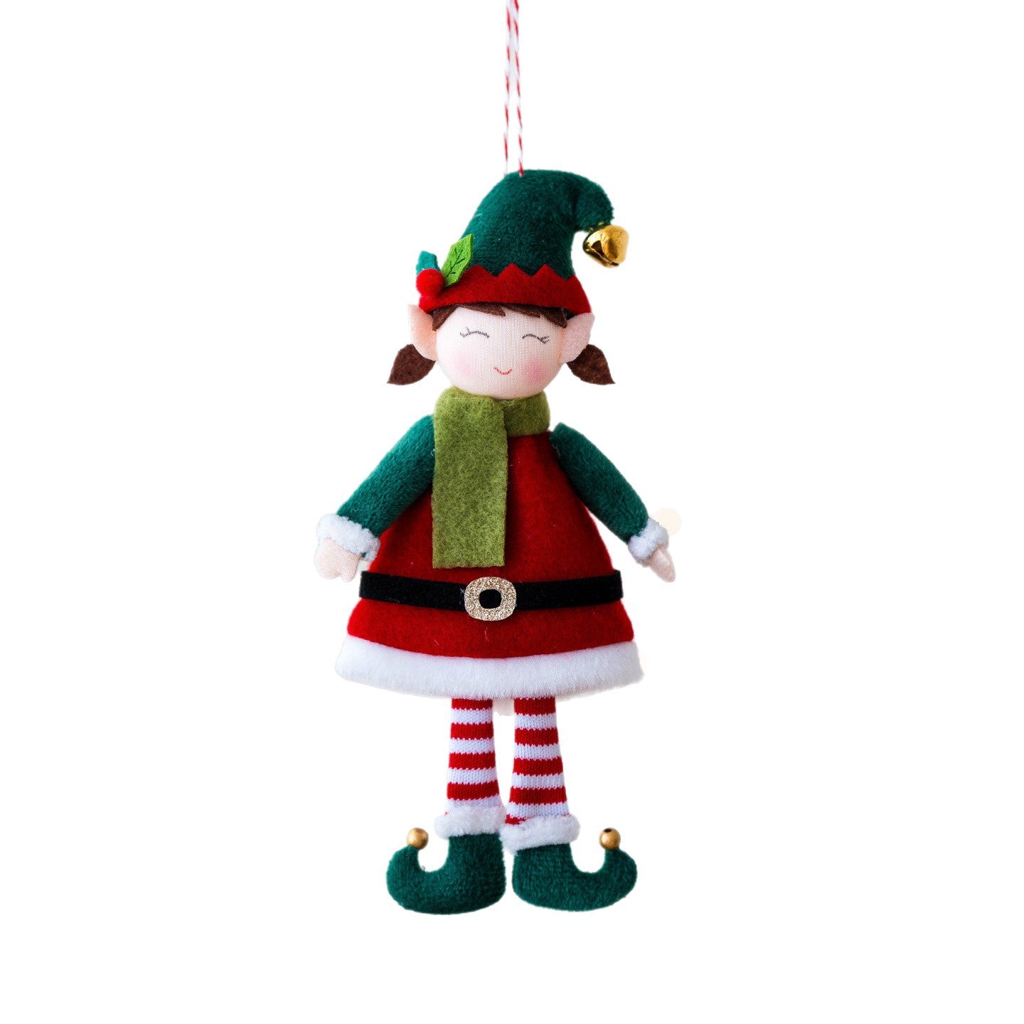 Festive Christmas elf doll pendant displayed on decorated tree