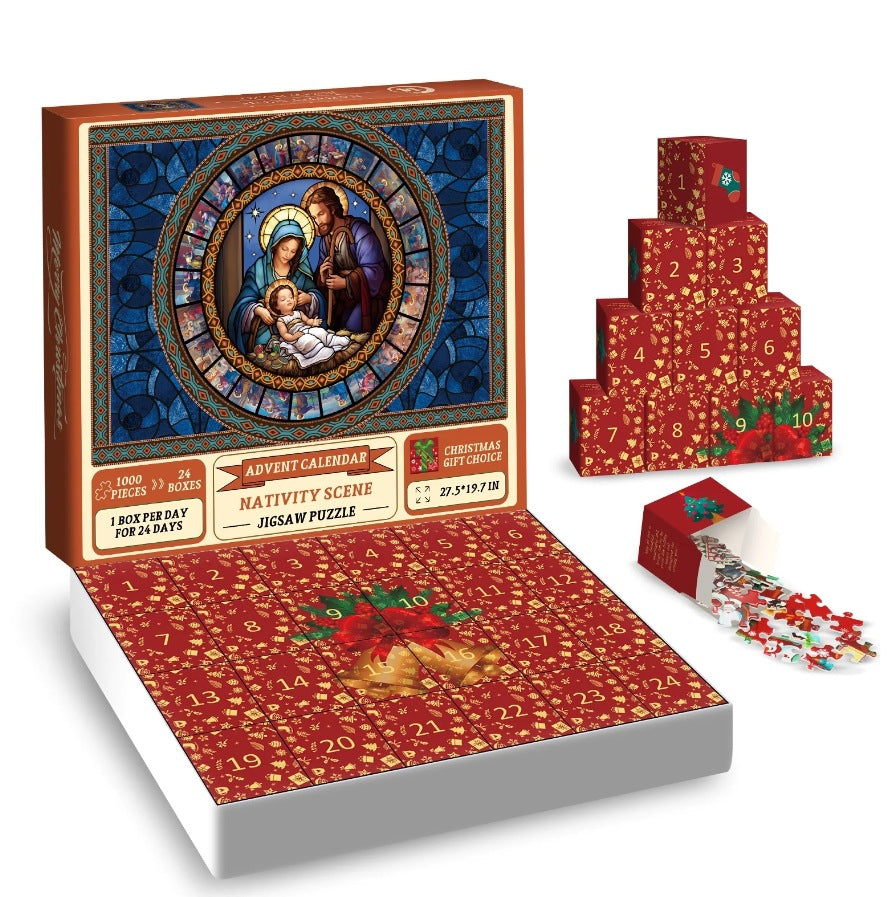 Festive Christmas Advent calendar puzzle with religious artwork on paper
